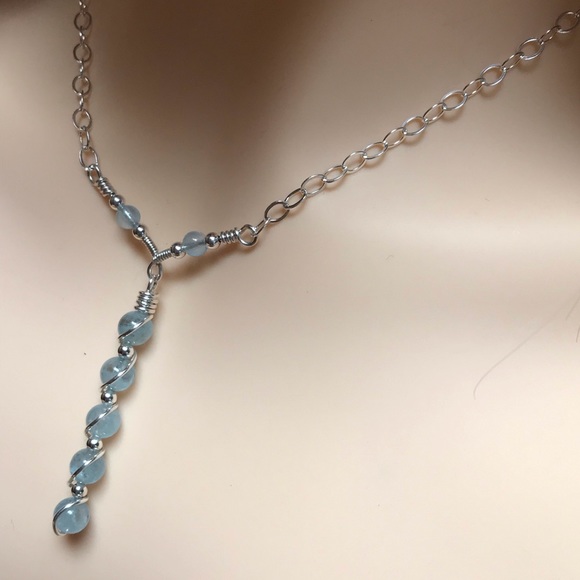 Aquamarine Sterling Silver Necklace- Y Style Aquamarine Necklace - Picture 3 of 6